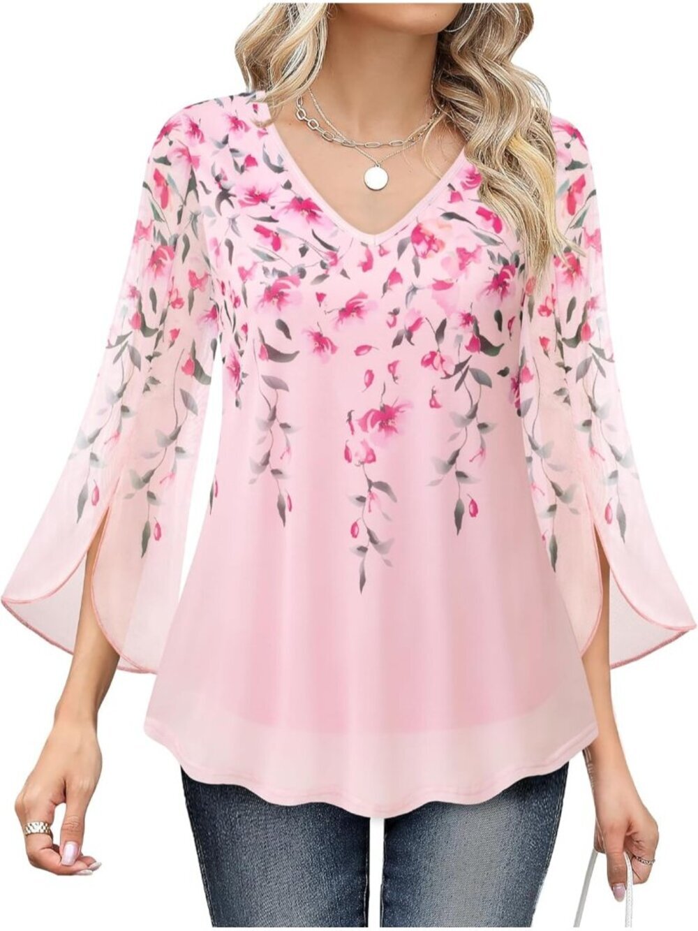Bebonnie Women's Top Pink Ruffle 3/4 Sleeves V Neck Double Layers Mesh Blouses